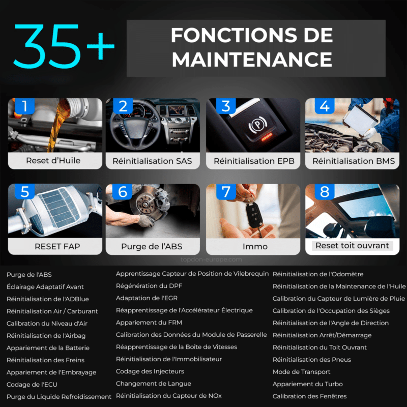 Réinitialisation de l'huile Réinitialisation de l'angle de direction (SAS) Réinitialisation de l'étrier de frein électrique (EPB) Réinitialisation du système de gestion de batterie (BMS)